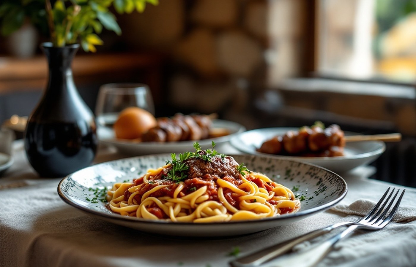 Traditional Abruzzese dishes on a trattoria table